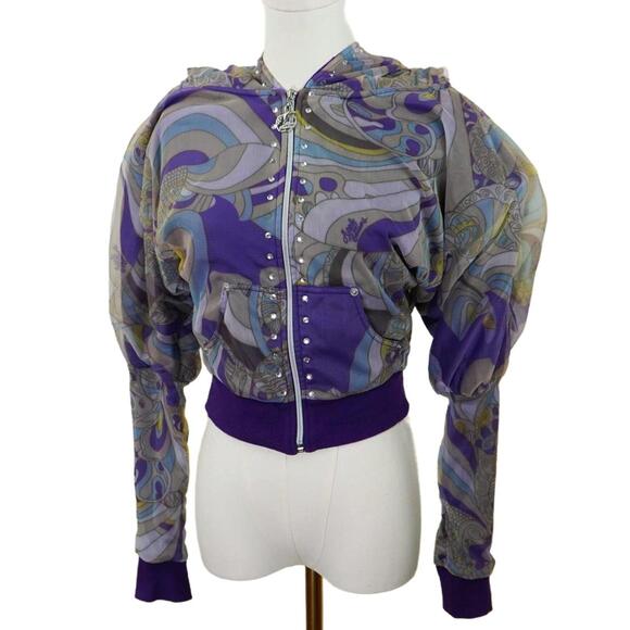 Y2K Apple Bottoms Psychedelic Sheer Cropped Zip-Up Hoodie with Rhinestones US M - Picture 2 of 8